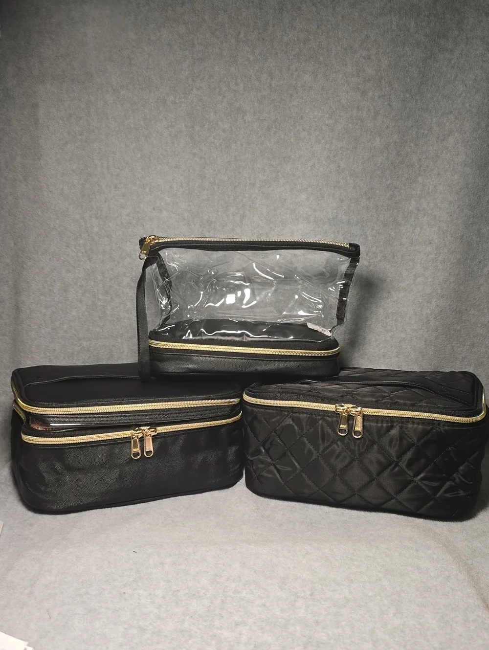 Black and Clear Travel Cosmetic Bag Set with Gold Zippers